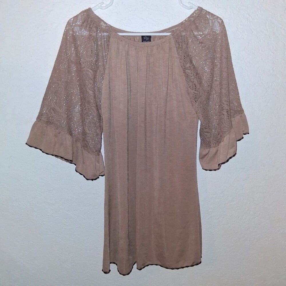 WinWin Taupe Boho Crochet Lace Bell Sleeve Ruffle Tunic Top S/M